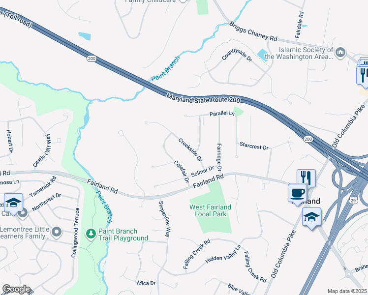 map of restaurants, bars, coffee shops, grocery stores, and more near 13608 Creekside Drive in Silver Spring