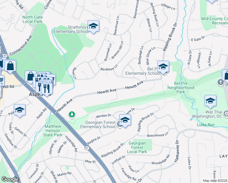 map of restaurants, bars, coffee shops, grocery stores, and more near 3364 Hewitt Avenue in Silver Spring