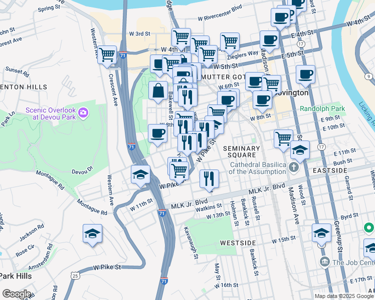 map of restaurants, bars, coffee shops, grocery stores, and more near 907 Main Street in Covington