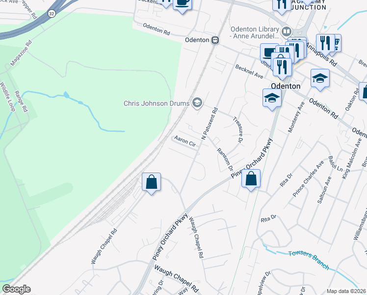 map of restaurants, bars, coffee shops, grocery stores, and more near 490 North Patuxent Road in Odenton