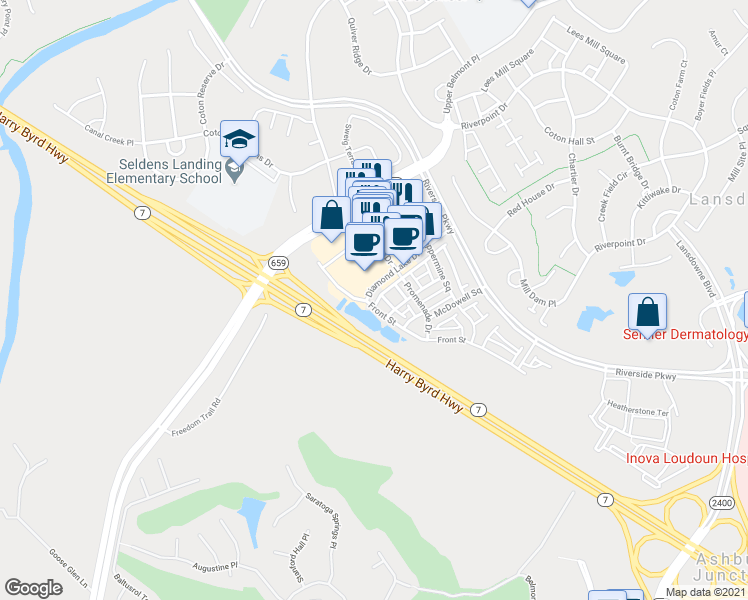 map of restaurants, bars, coffee shops, grocery stores, and more near 19452 Diamond Lake Drive in Leesburg