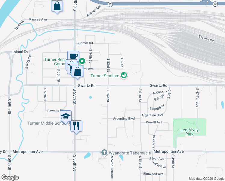 map of restaurants, bars, coffee shops, grocery stores, and more near 1011 South 53rd Street in Kansas City