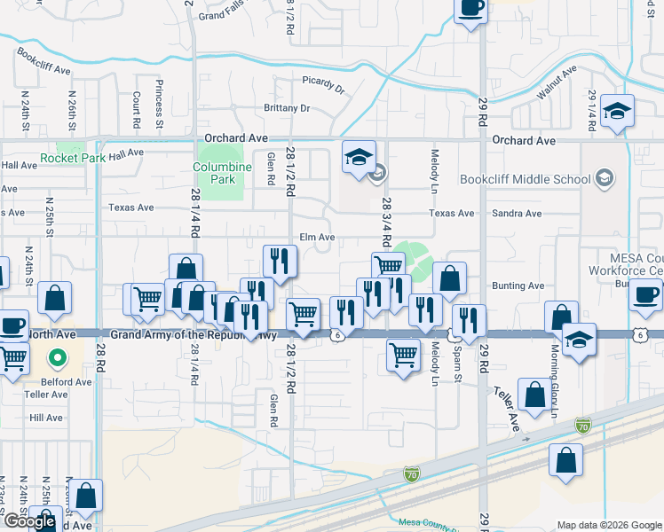map of restaurants, bars, coffee shops, grocery stores, and more near 2857 1/2 Bunting Avenue in Grand Junction