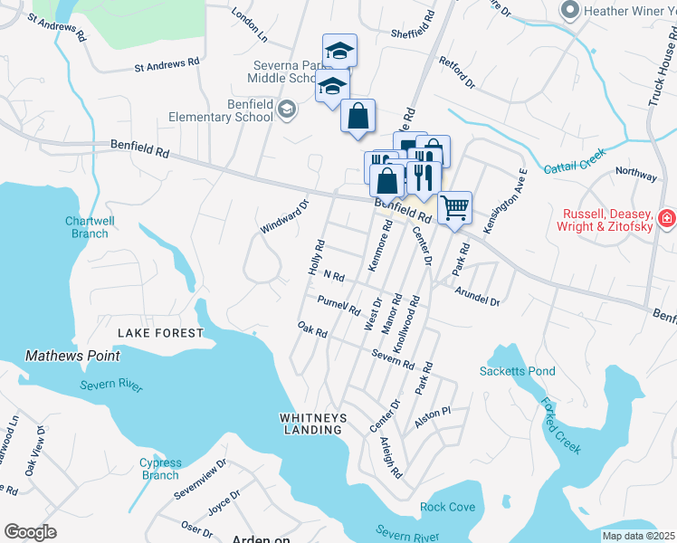 map of restaurants, bars, coffee shops, grocery stores, and more near 1304 North Road in Severna Park
