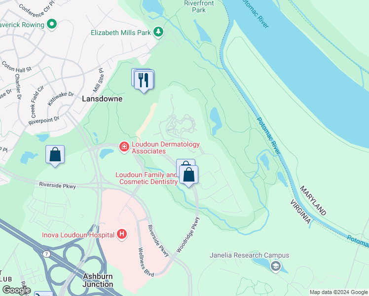 map of restaurants, bars, coffee shops, grocery stores, and more near 19385 Cypress Ridge Terrace in Leesburg