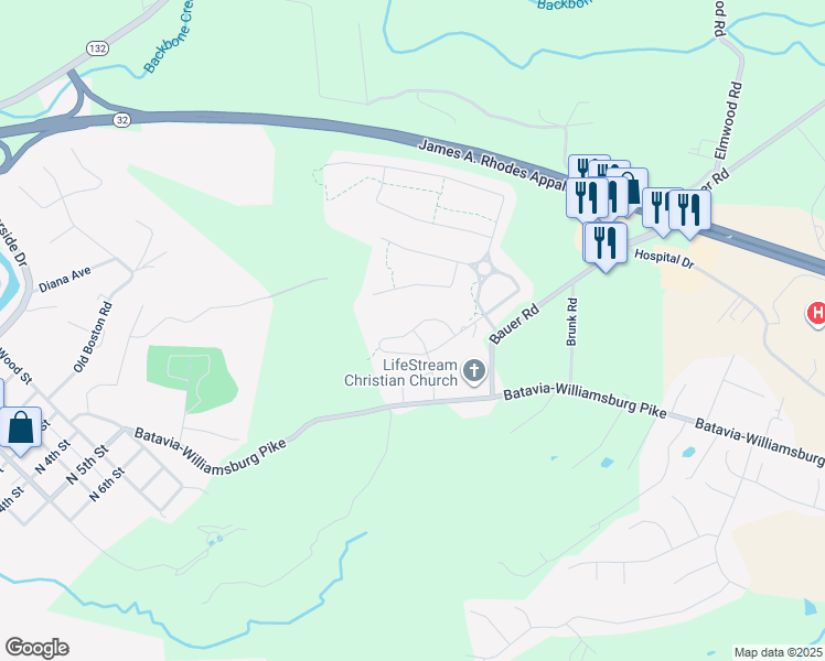 map of restaurants, bars, coffee shops, grocery stores, and more near 4295 Hickory Park Lane in Batavia