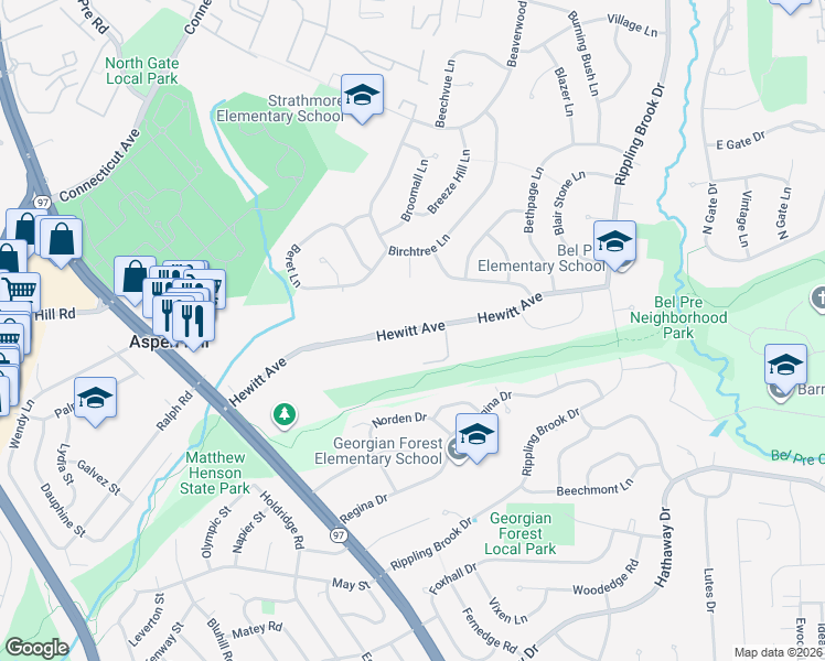 map of restaurants, bars, coffee shops, grocery stores, and more near Hewitt Avenue in Silver Spring