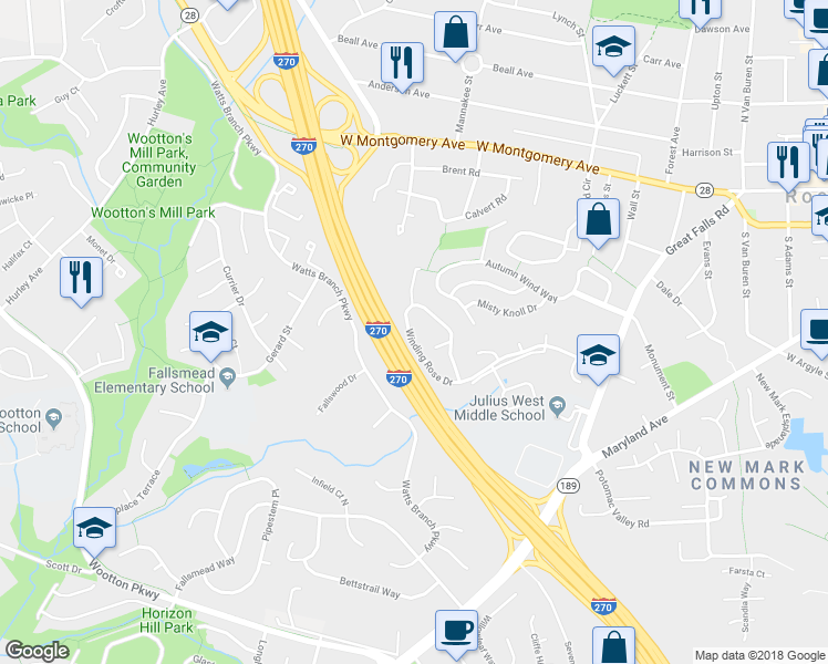 map of restaurants, bars, coffee shops, grocery stores, and more near 518 Winding Rose Drive in Rockville