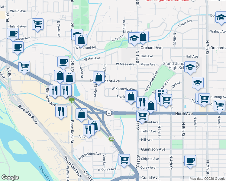map of restaurants, bars, coffee shops, grocery stores, and more near 358 Franklin Avenue in Grand Junction