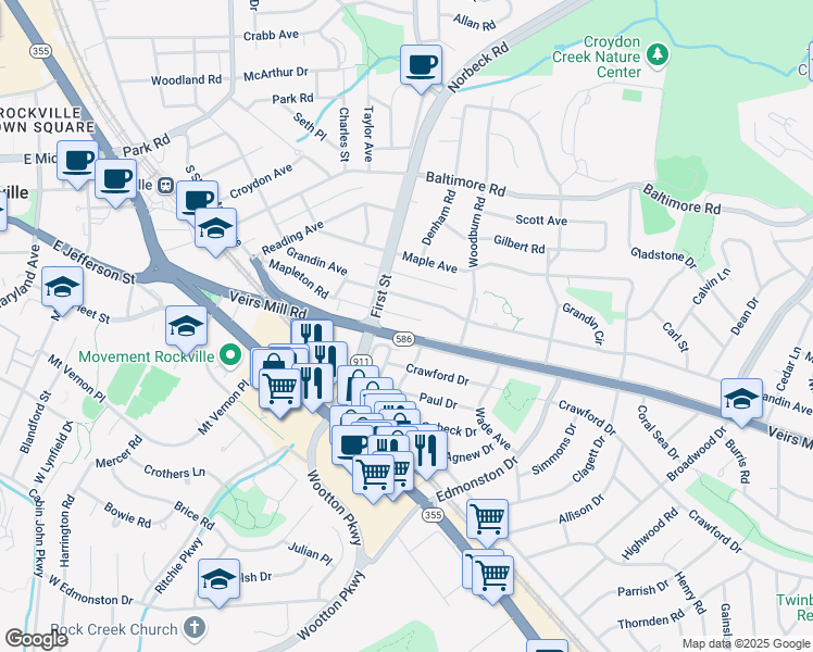 map of restaurants, bars, coffee shops, grocery stores, and more near 914 Veirs Mill Road in Rockville