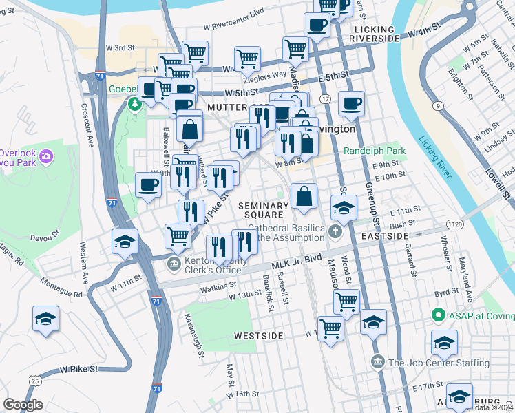 map of restaurants, bars, coffee shops, grocery stores, and more near 1016 Banklick Street in Covington