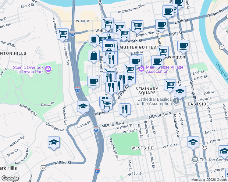 map of restaurants, bars, coffee shops, grocery stores, and more near 917 Main Street in Covington