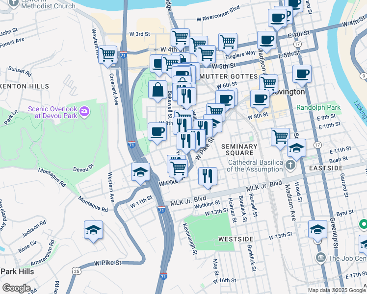 map of restaurants, bars, coffee shops, grocery stores, and more near 917 Main Street in Covington