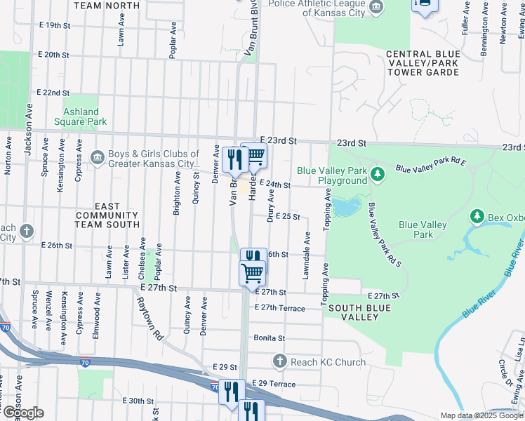 map of restaurants, bars, coffee shops, grocery stores, and more near 5409 East 25 Street in Kansas City