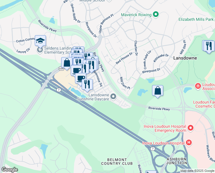 map of restaurants, bars, coffee shops, grocery stores, and more near 43663 Mcdowell Square in Leesburg