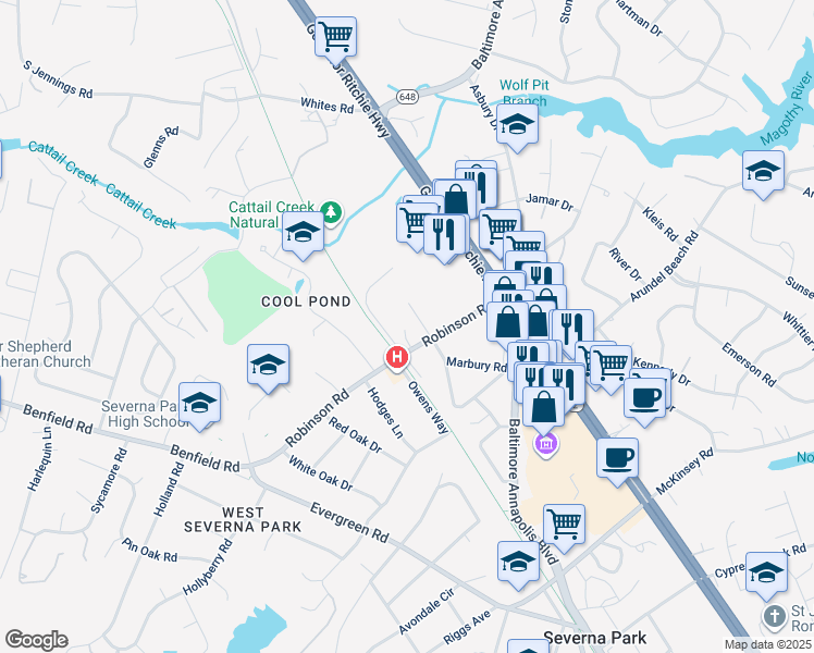 map of restaurants, bars, coffee shops, grocery stores, and more near 28 Robinson Road in Severna Park