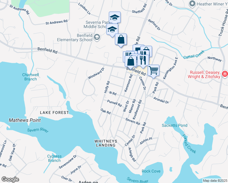 map of restaurants, bars, coffee shops, grocery stores, and more near 1304 North Road in Severna Park