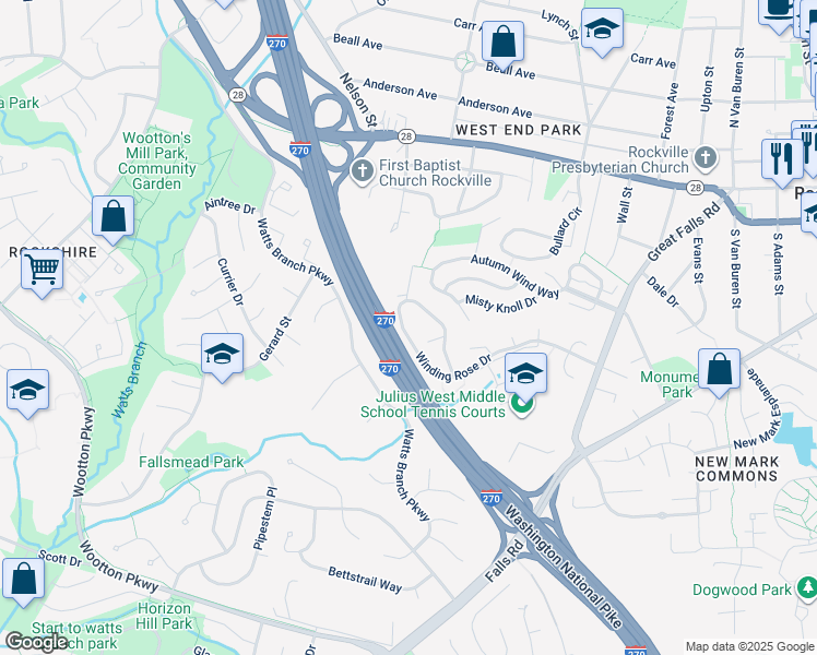 map of restaurants, bars, coffee shops, grocery stores, and more near 518 Winding Rose Drive in Rockville