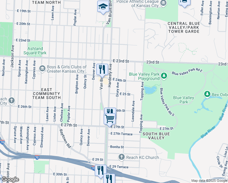 map of restaurants, bars, coffee shops, grocery stores, and more near 5409 East 25 Street in Kansas City