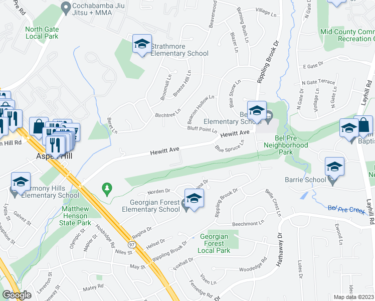map of restaurants, bars, coffee shops, grocery stores, and more near 2944 Hewitt Avenue in Aspen Hill
