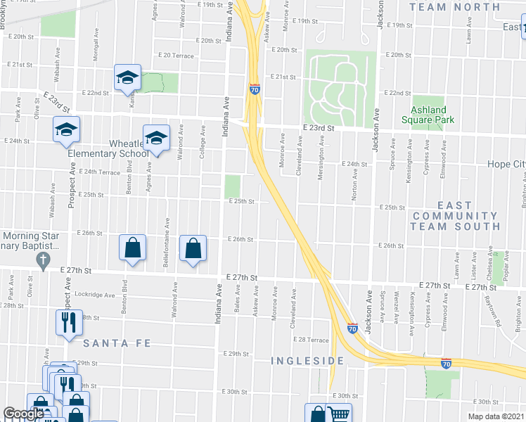 map of restaurants, bars, coffee shops, grocery stores, and more near 2509 Askew Avenue in Kansas City