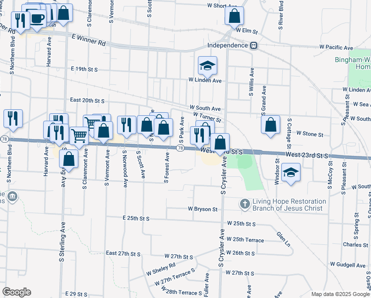 map of restaurants, bars, coffee shops, grocery stores, and more near 1643 West 23rd Street South in Independence
