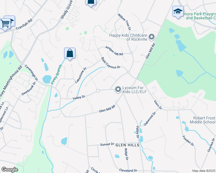 map of restaurants, bars, coffee shops, grocery stores, and more near 13601 Valley Drive in Rockville