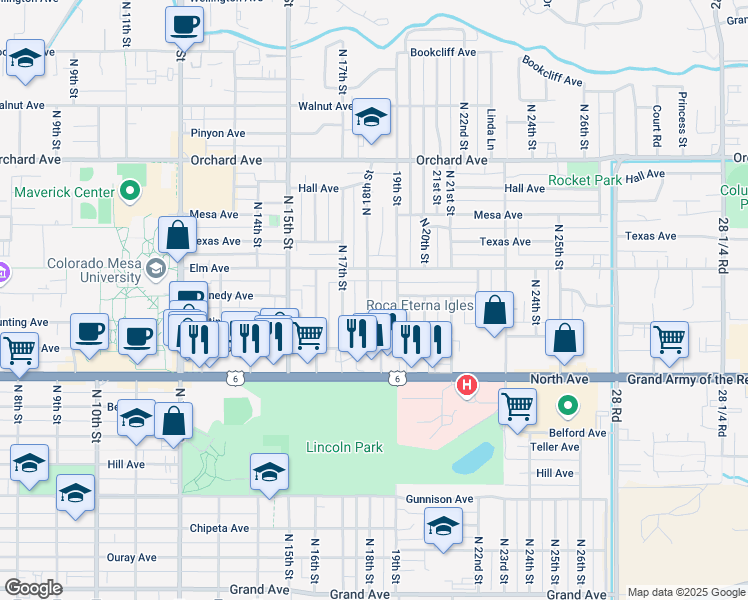 map of restaurants, bars, coffee shops, grocery stores, and more near 1370 North 18th Street in Grand Junction