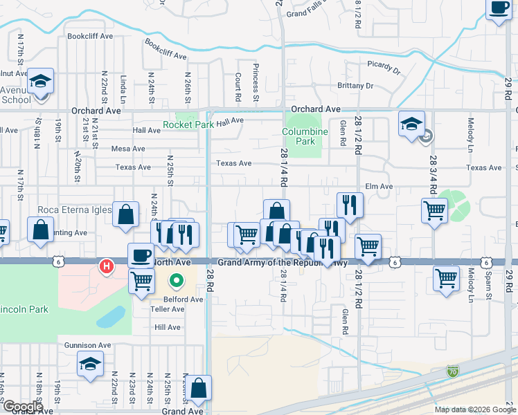 map of restaurants, bars, coffee shops, grocery stores, and more near 517 Eastgate Court in Grand Junction