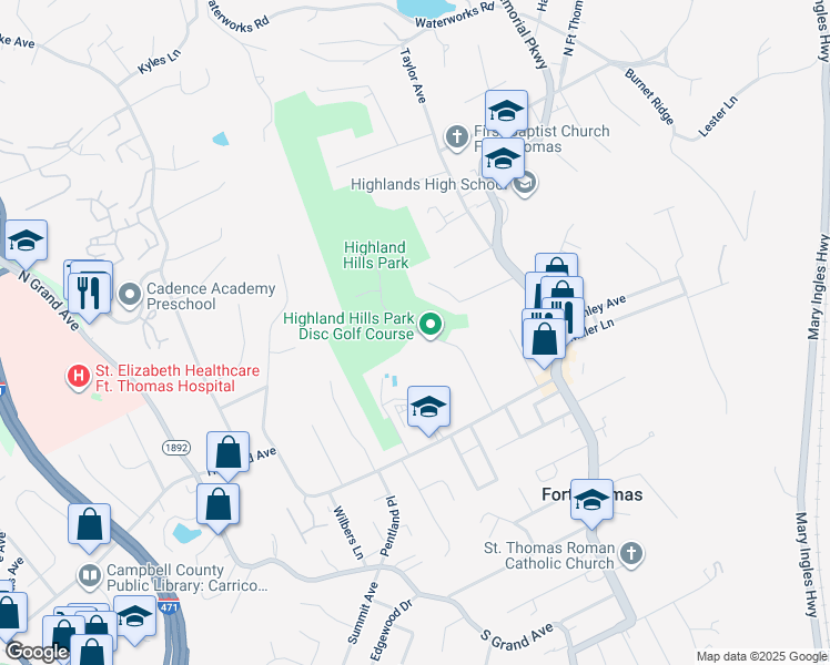 map of restaurants, bars, coffee shops, grocery stores, and more near in Fort Thomas