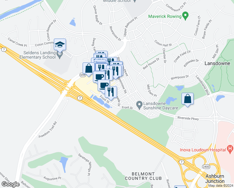 map of restaurants, bars, coffee shops, grocery stores, and more near 43571 Popes Creek Square in Leesburg