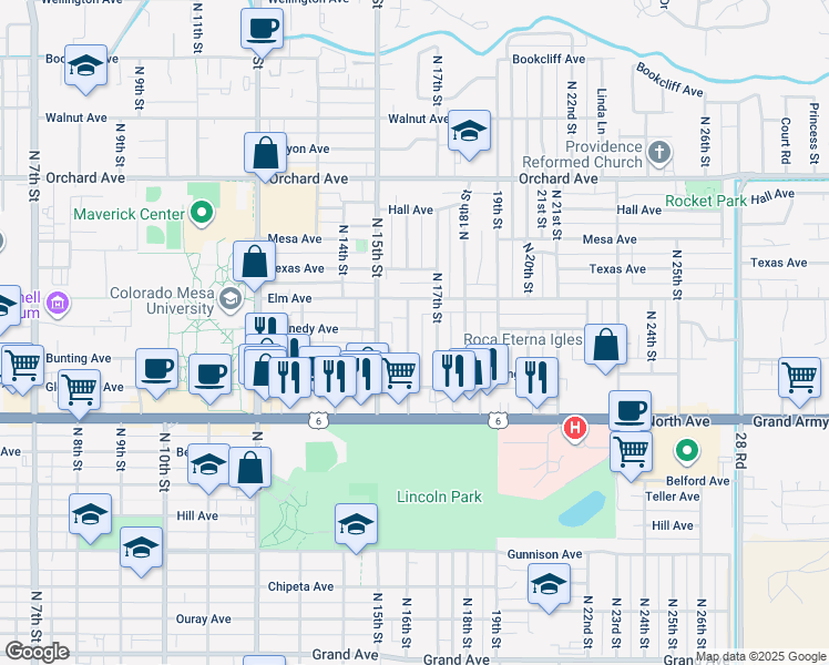 map of restaurants, bars, coffee shops, grocery stores, and more near 1318 North 16th Street in Grand Junction