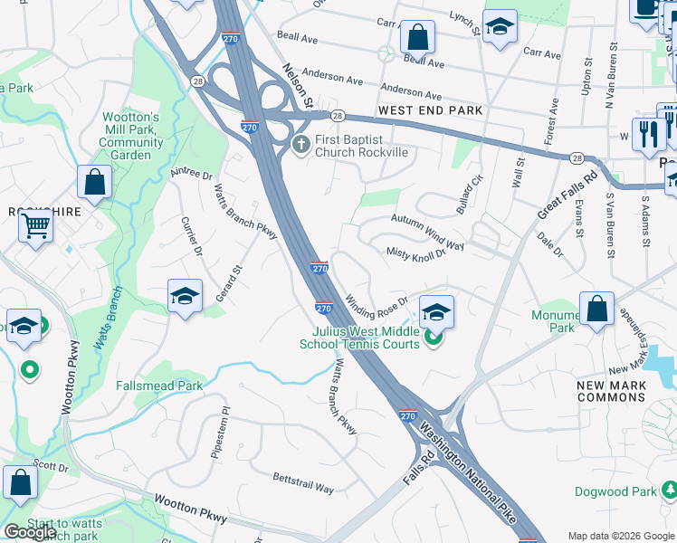 map of restaurants, bars, coffee shops, grocery stores, and more near 516 Winding Rose Drive in Rockville