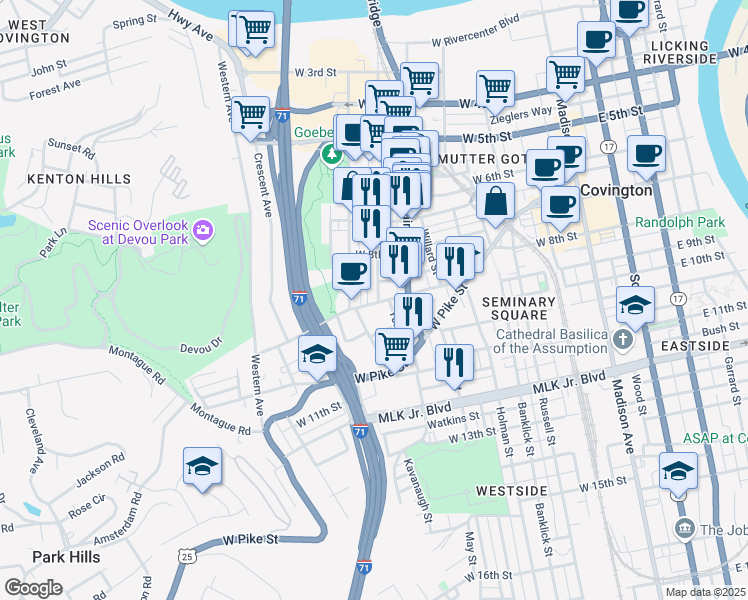 map of restaurants, bars, coffee shops, grocery stores, and more near 507 West 9th Street in Covington
