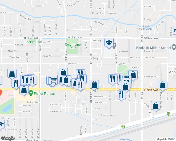 map of restaurants, bars, coffee shops, grocery stores, and more near 517 28 1/2 Road in Grand Junction
