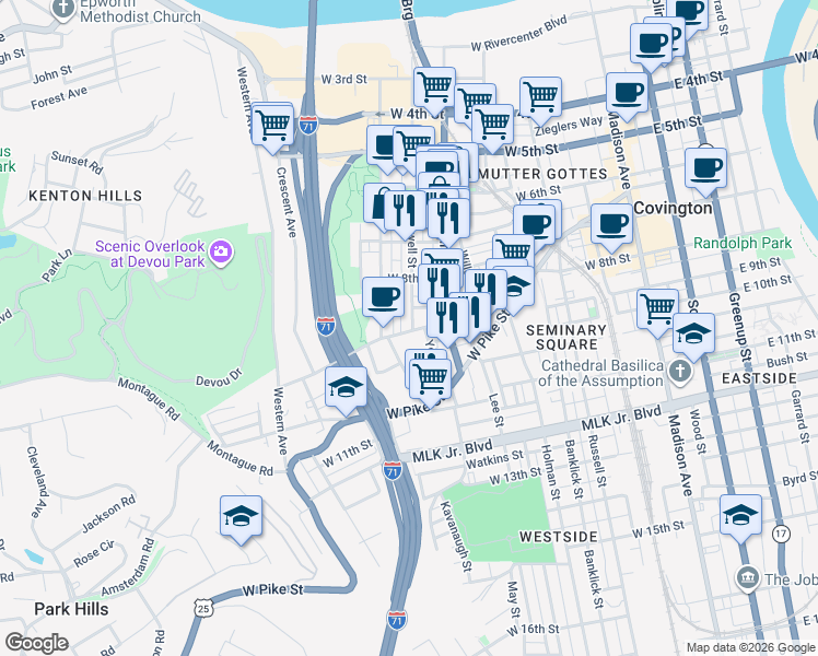 map of restaurants, bars, coffee shops, grocery stores, and more near 507 West 9th Street in Covington