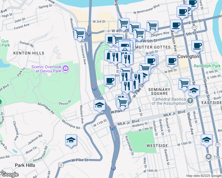 map of restaurants, bars, coffee shops, grocery stores, and more near 507 West 9th Street in Covington
