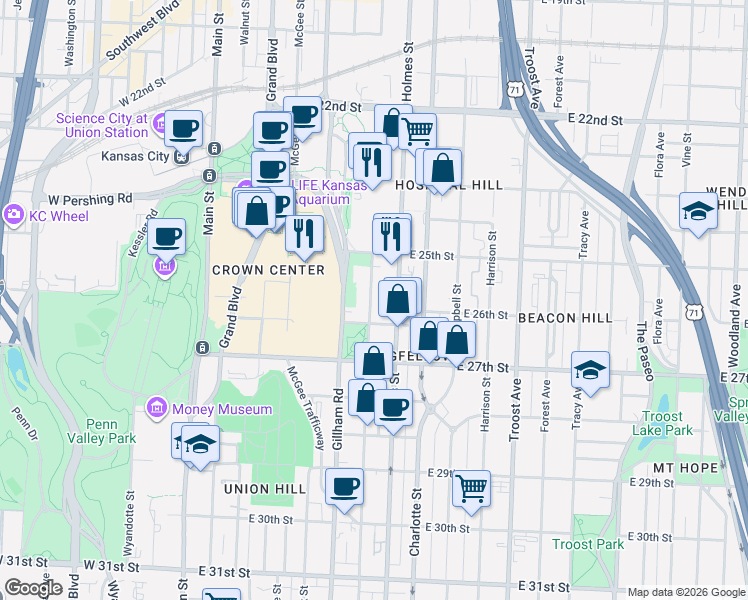 map of restaurants, bars, coffee shops, grocery stores, and more near 2562 Holmes Street in Kansas City