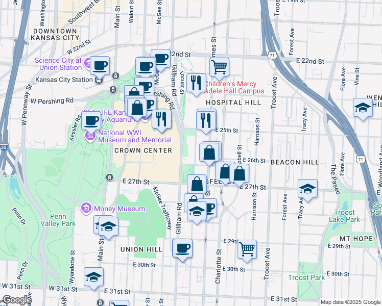 map of restaurants, bars, coffee shops, grocery stores, and more near 500 East 26th Street in Kansas City