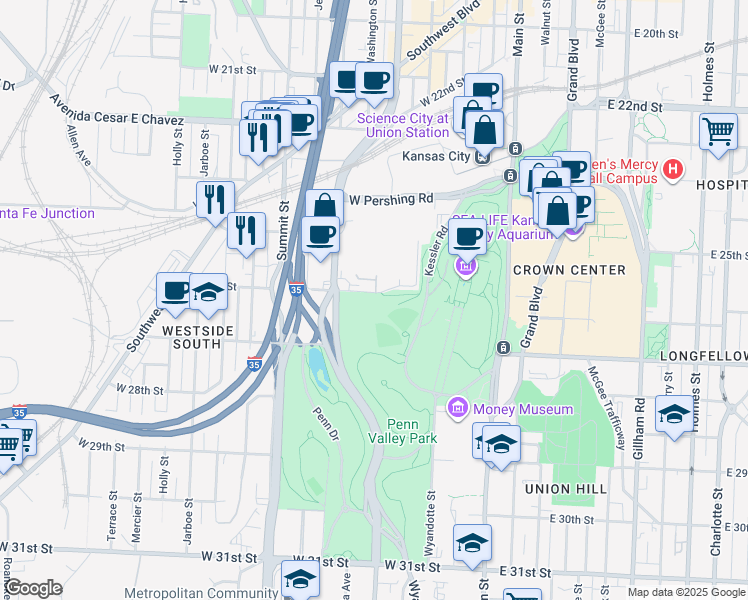 map of restaurants, bars, coffee shops, grocery stores, and more near in Kansas City