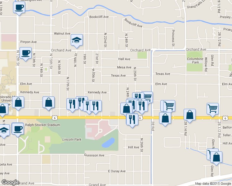 map of restaurants, bars, coffee shops, grocery stores, and more near 1373 North 23rd Street in Grand Junction