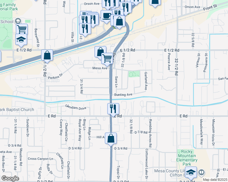map of restaurants, bars, coffee shops, grocery stores, and more near 515 1/2 Sara Lane in Clifton