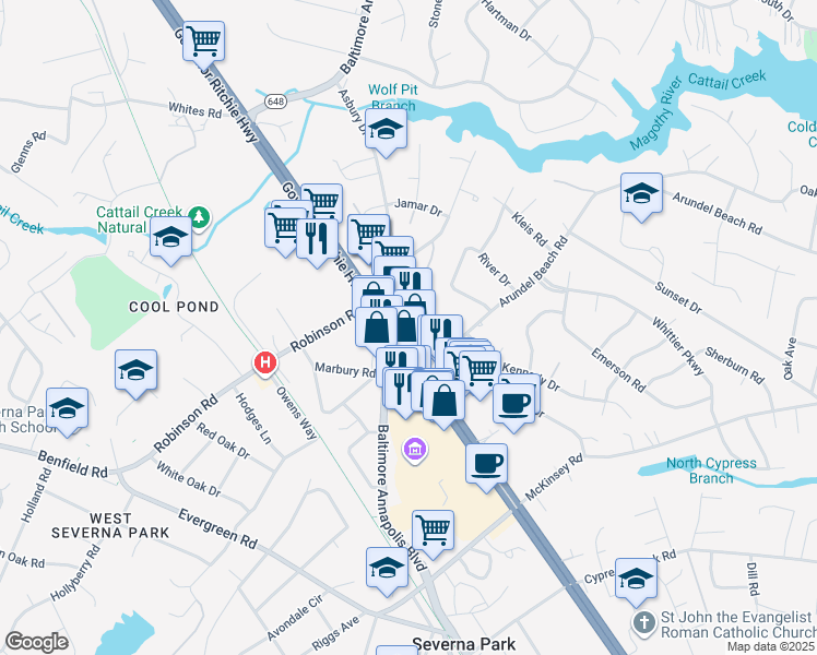 map of restaurants, bars, coffee shops, grocery stores, and more near 511 Ritchie Highway in Severna Park