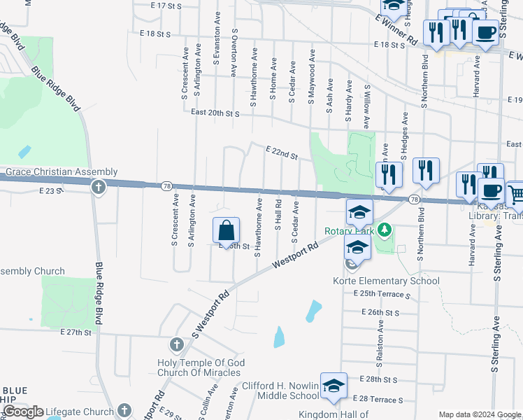 map of restaurants, bars, coffee shops, grocery stores, and more near 2320 South Hawthorne Avenue in Independence
