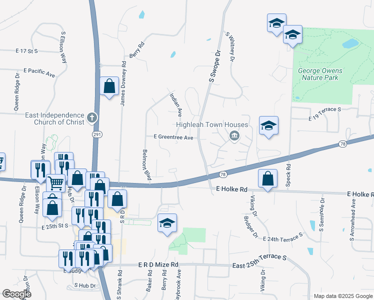 map of restaurants, bars, coffee shops, grocery stores, and more near 2100 South Swope Drive in Independence