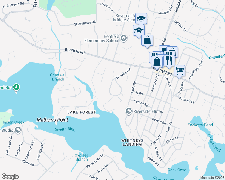 map of restaurants, bars, coffee shops, grocery stores, and more near 21 Windward Drive in Severna Park