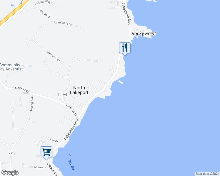 map of restaurants, bars, coffee shops, grocery stores, and more near 3530 Lakeshore Boulevard in Lakeport