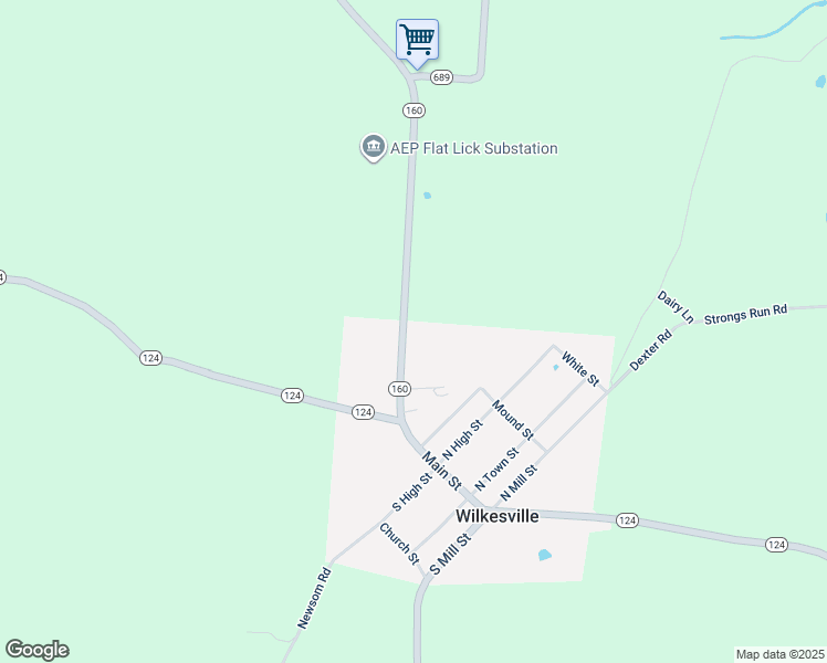 map of restaurants, bars, coffee shops, grocery stores, and more near 103 Main Street in Wilkesville