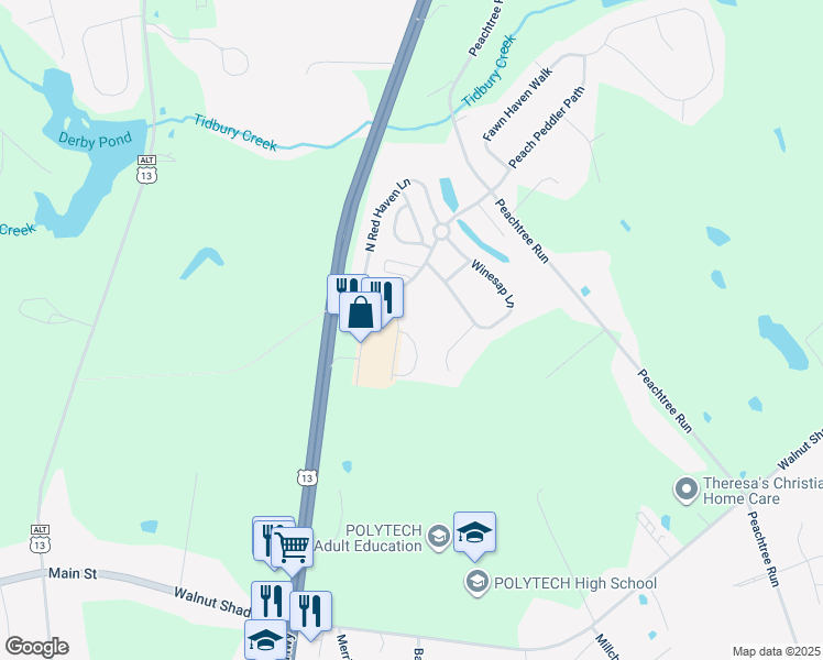 map of restaurants, bars, coffee shops, grocery stores, and more near 21 Starfire Court in Dover