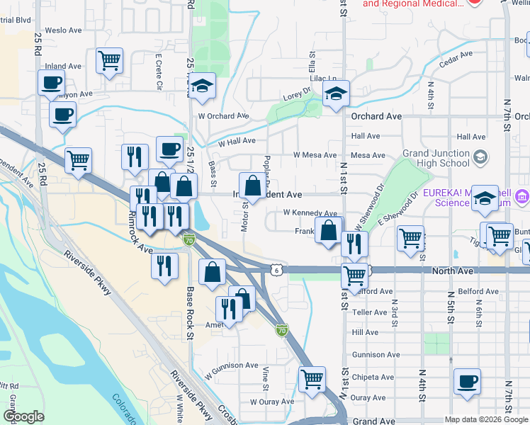 map of restaurants, bars, coffee shops, grocery stores, and more near 1360 Motor Street in Grand Junction